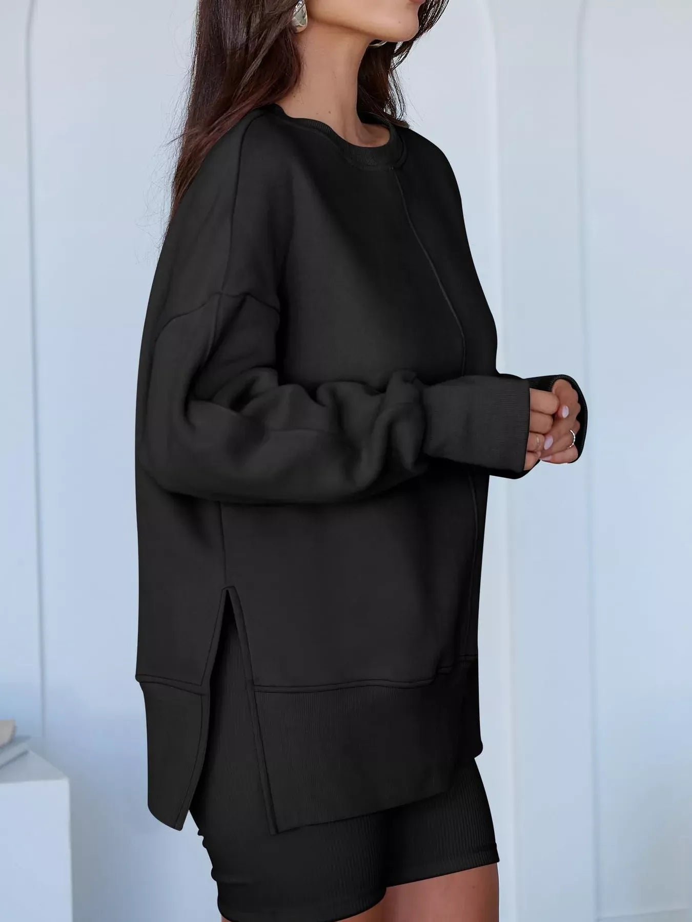Modern Side-Slit Round Neck Long Sleeve Sweatshirt The Nichole Collection