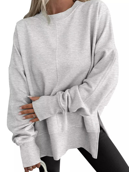 Modern Side-Slit Round Neck Long Sleeve Sweatshirt Gray / S The Nichole Collection