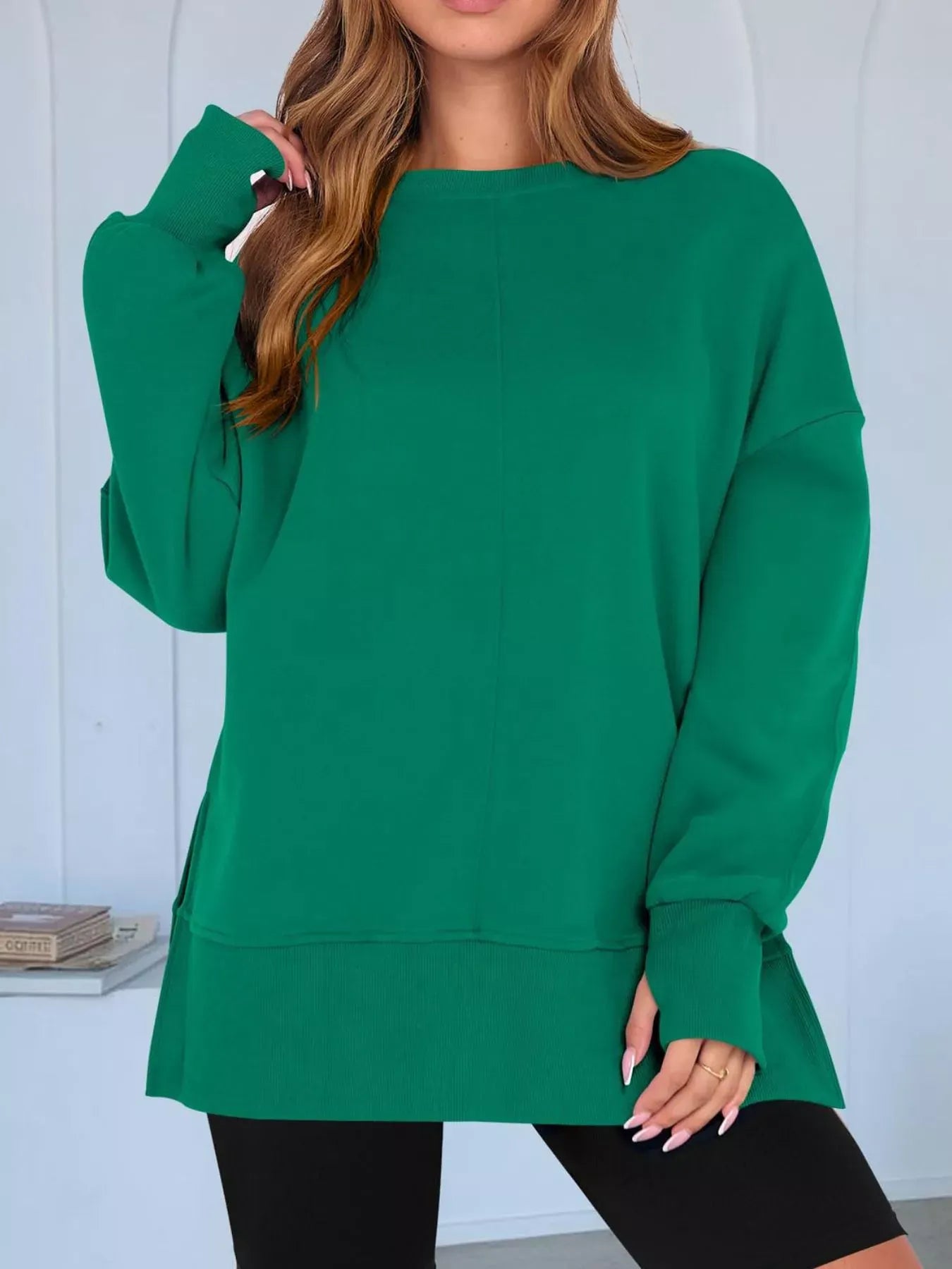 Modern Side-Slit Round Neck Long Sleeve Sweatshirt The Nichole Collection