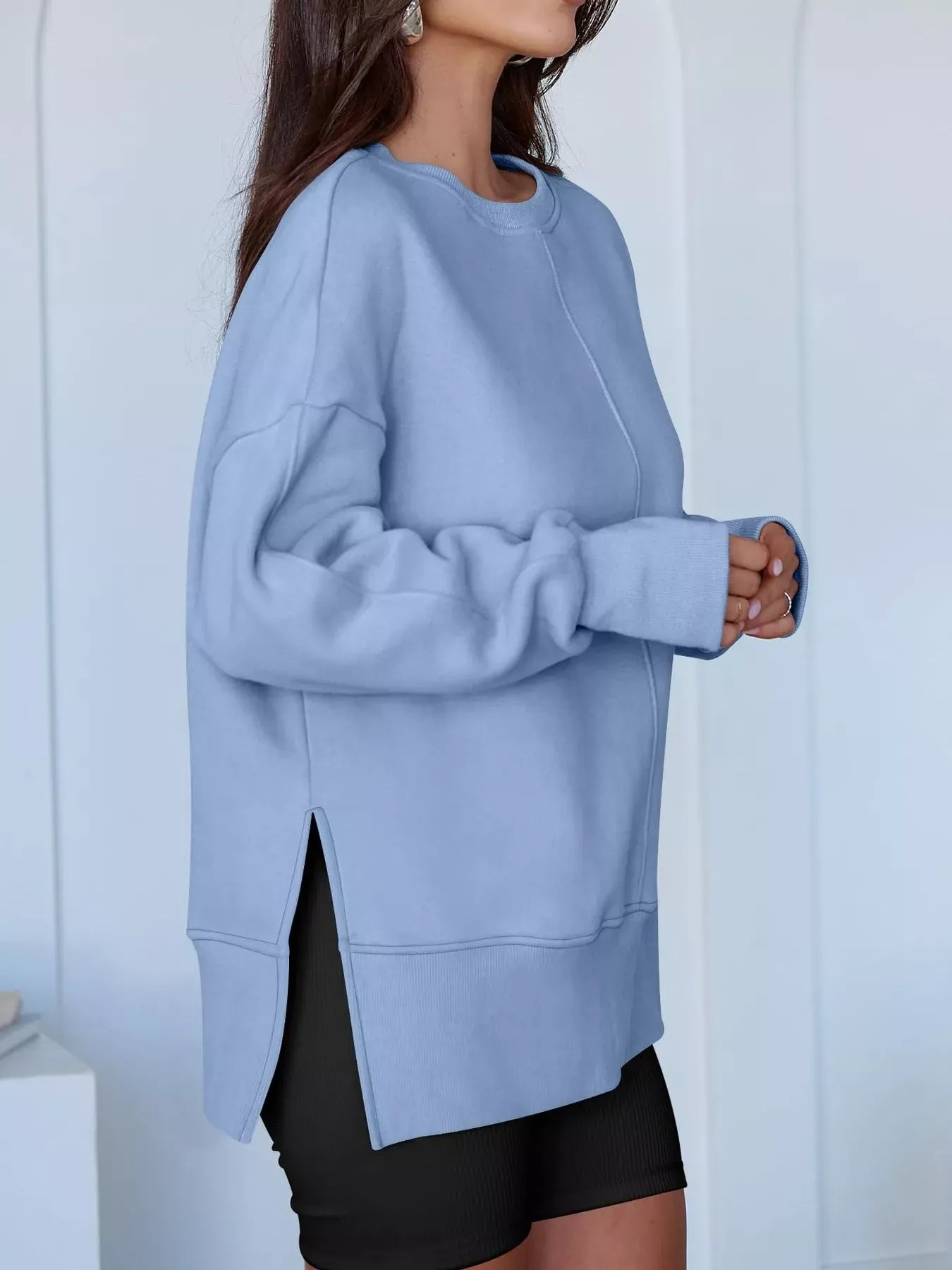 Modern Side-Slit Round Neck Long Sleeve Sweatshirt The Nichole Collection