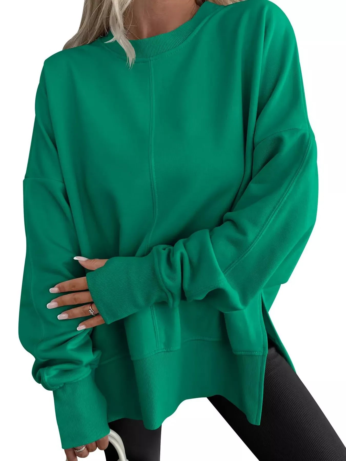 Modern Side-Slit Round Neck Long Sleeve Sweatshirt Green / S The Nichole Collection