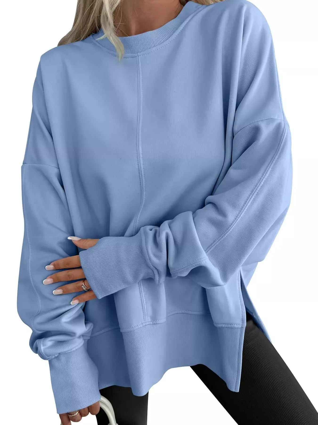 Modern Side-Slit Round Neck Long Sleeve Sweatshirt Light Blue / S The Nichole Collection