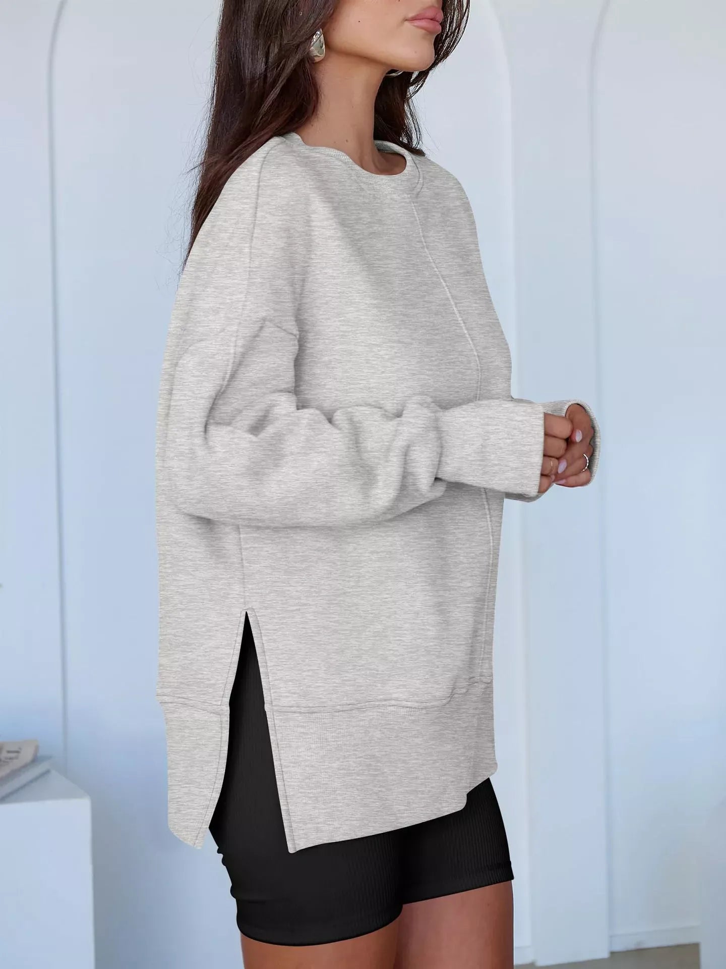 Modern Side-Slit Round Neck Long Sleeve Sweatshirt The Nichole Collection