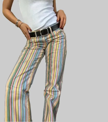 Multicolor Wide Leg Denim Low Waist Striped Flare Jeans The Nichole Collection