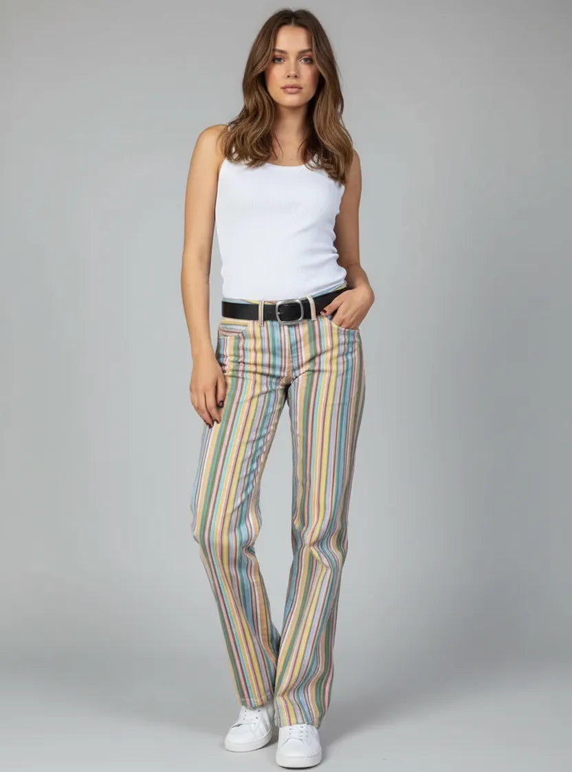 Multicolor Wide Leg Denim Low Waist Striped Flare Jeans The Nichole Collection