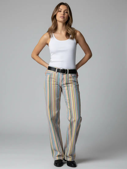 Multicolor Wide Leg Denim Low Waist Striped Flare Jeans As Pictured / S The Nichole Collection