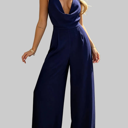 Navy Blue Deep V-Neck Jumpsuit Jumpsuits & Rompers The Nichole Collection - Official Site