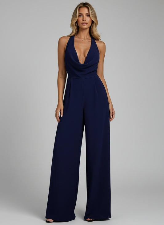 Navy Blue Deep V-Neck Jumpsuit Navy Blue / S Jumpsuits & Rompers The Nichole Collection - Official Site