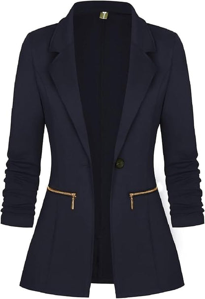 Long Sleeve Open Front Blazer with Gold Zipper Pockets