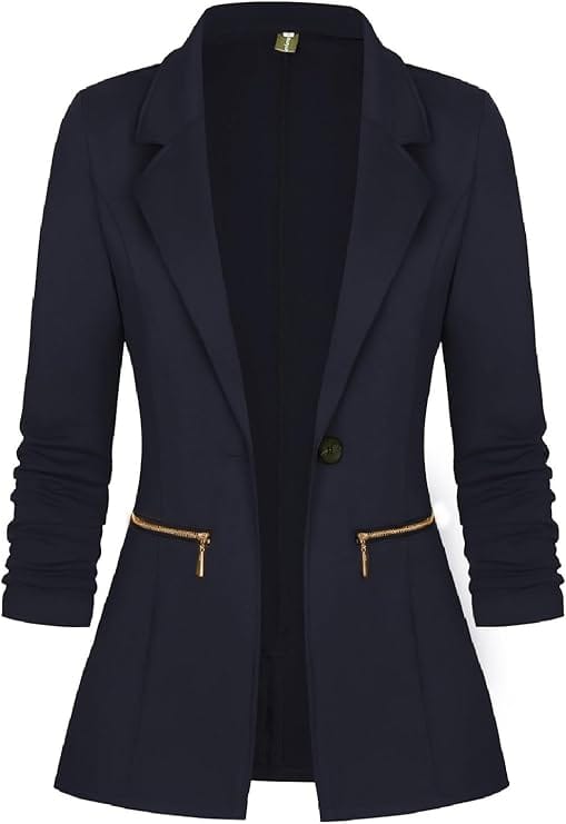 Long Sleeve Open Front Blazer with Gold Zipper Pockets
