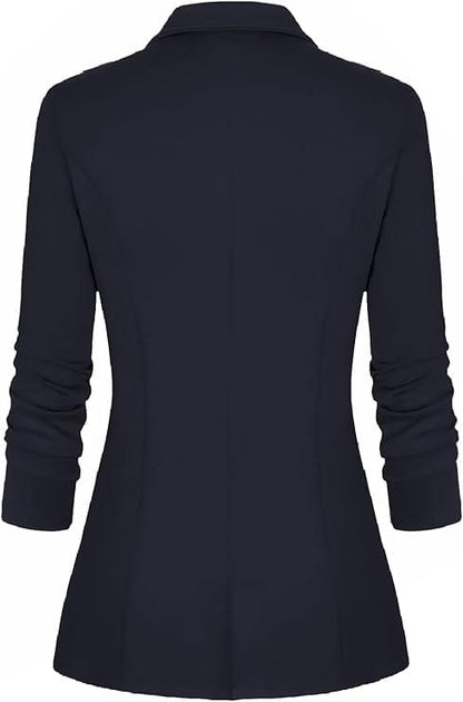 Long Sleeve Open Front Blazer with Gold Zipper Pockets