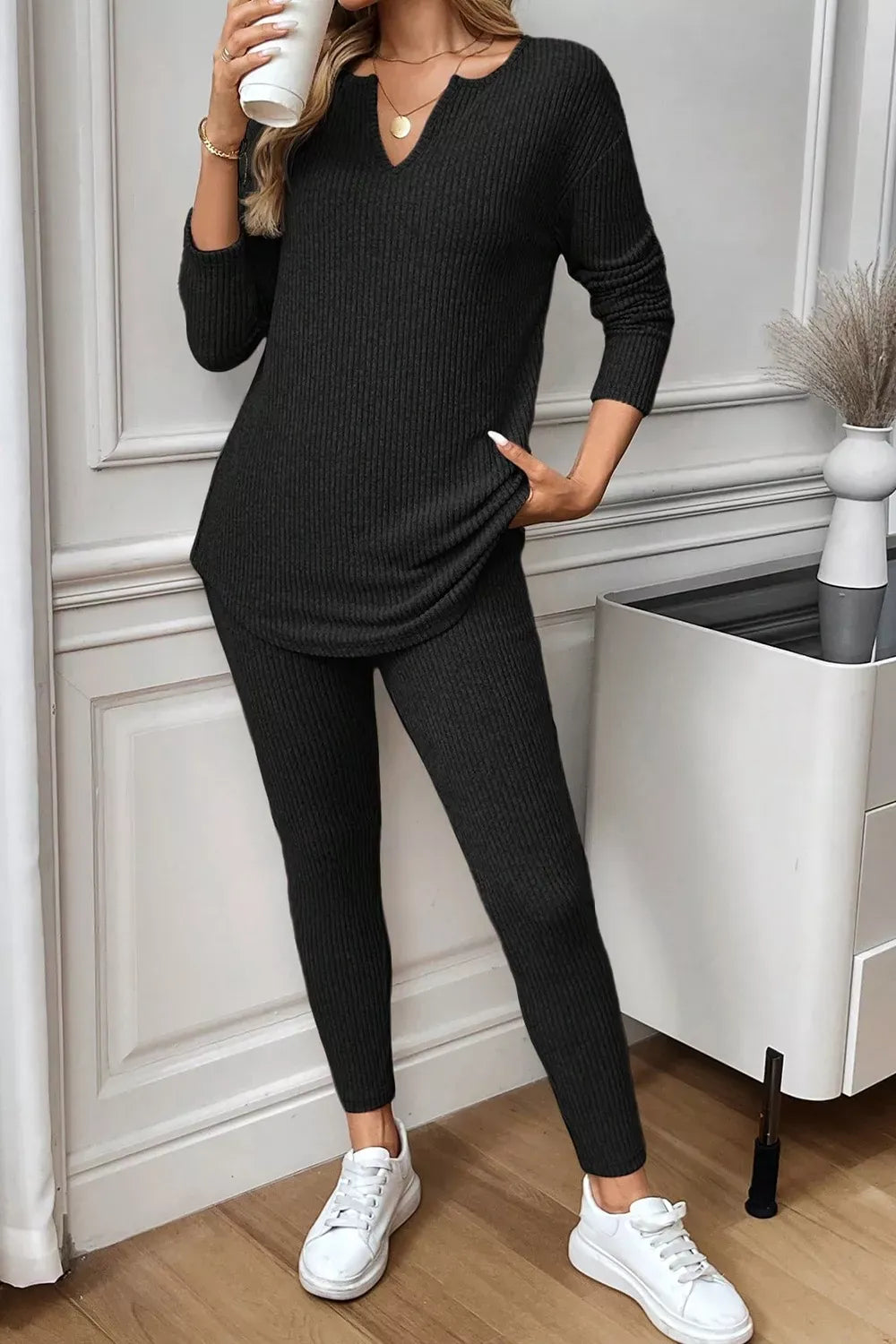 Notched Long Sleeve Top and Pants Set Women's Sets The Nichole Collection