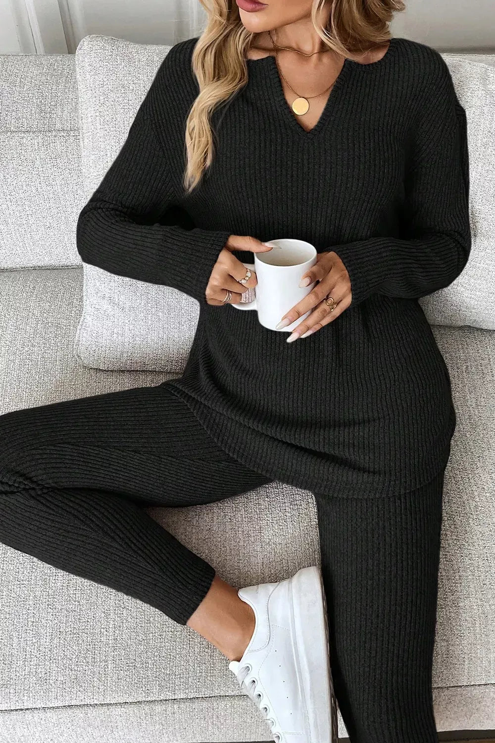 Notched Long Sleeve Top and Pants Set Women's Sets Black / S The Nichole Collection