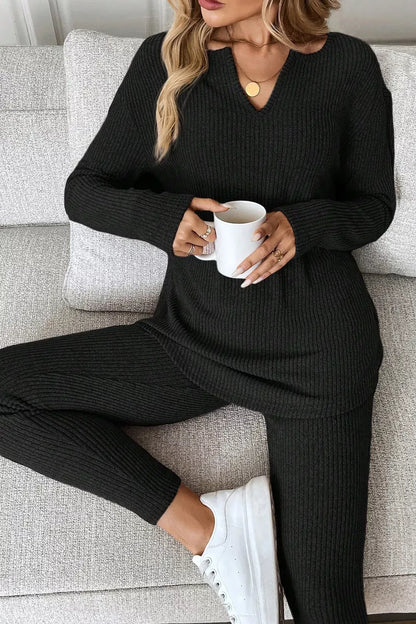 Notched Long Sleeve Top and Pants Set Women's Sets Black / S The Nichole Collection