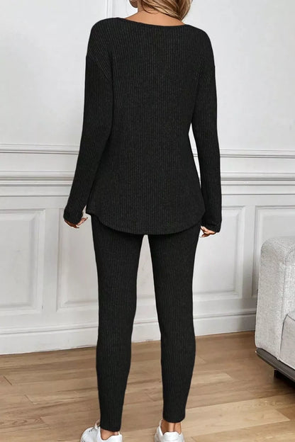 Notched Long Sleeve Top and Pants Set Women's Sets The Nichole Collection