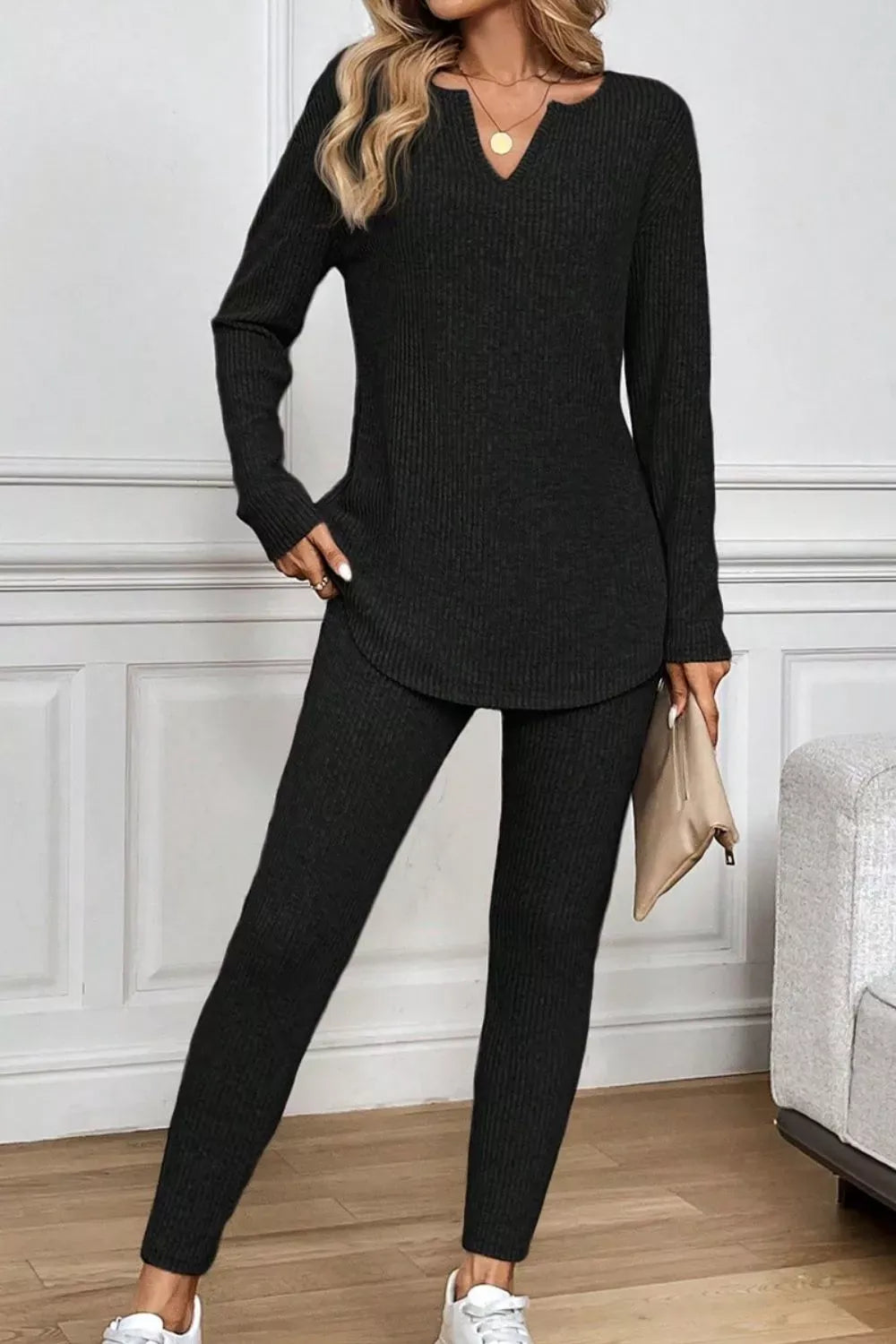 Notched Long Sleeve Top and Pants Set Women's Sets The Nichole Collection