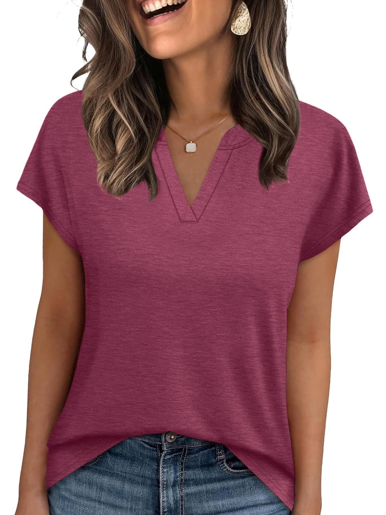 Notched Short Sleeve T-Shirt Burgundy / S The Nichole Collection