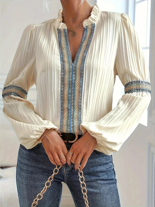 Notched Textured Balloon Sleeve Blouse Apricot / S The Nichole Collection