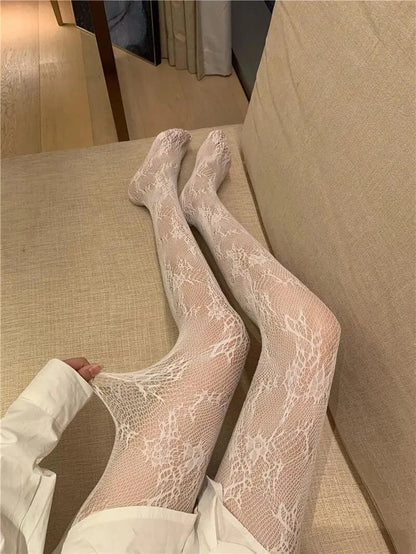 Nylon Fishnet Pantyhose with Floral Pattern Pantyhose 13 Rattan white / one size Nylon