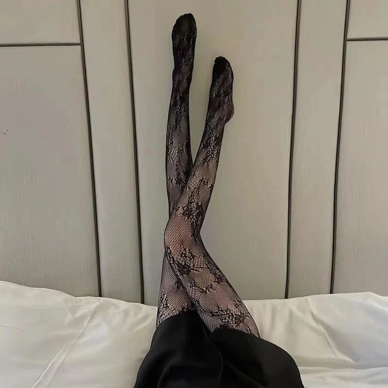 Nylon Fishnet Pantyhose with Floral Pattern Pantyhose 13 Rattan black / one size Nylon
