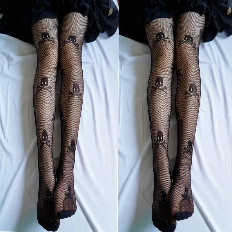 Nylon Fishnet Pantyhose with Floral Pattern Pantyhose 11 skull / one size Nylon