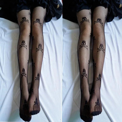 Nylon Fishnet Pantyhose with Floral Pattern Pantyhose 11 skull / one size Nylon