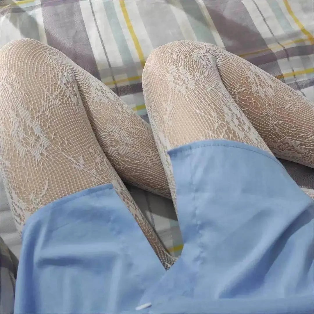Nylon Fishnet Pantyhose with Floral Pattern Pantyhose 10 rose white / one size Nylon