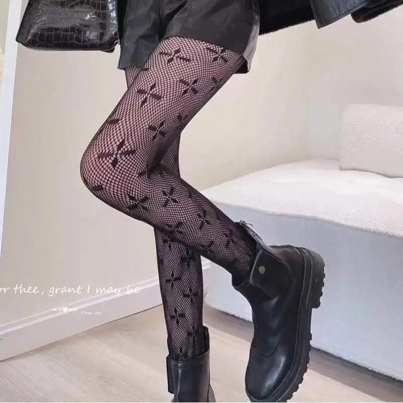 Nylon Fishnet Pantyhose with Floral Pattern Pantyhose 12 cross flower / one size Nylon