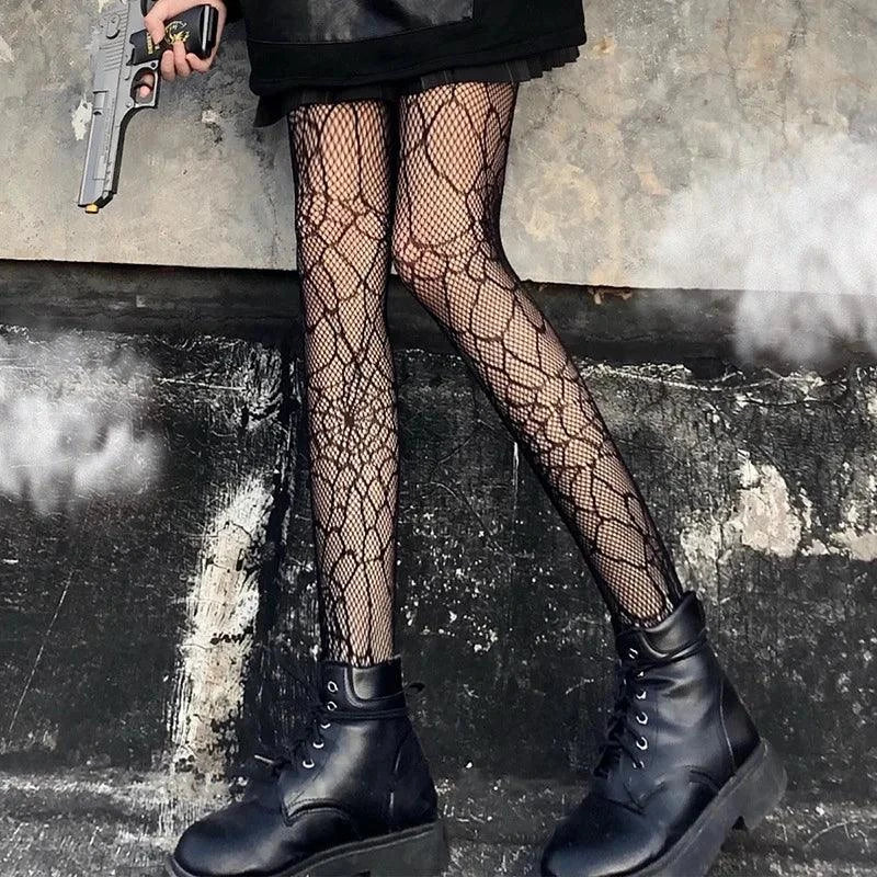 Nylon Fishnet Pantyhose with Floral Pattern Pantyhose 7 spider web / one size Nylon