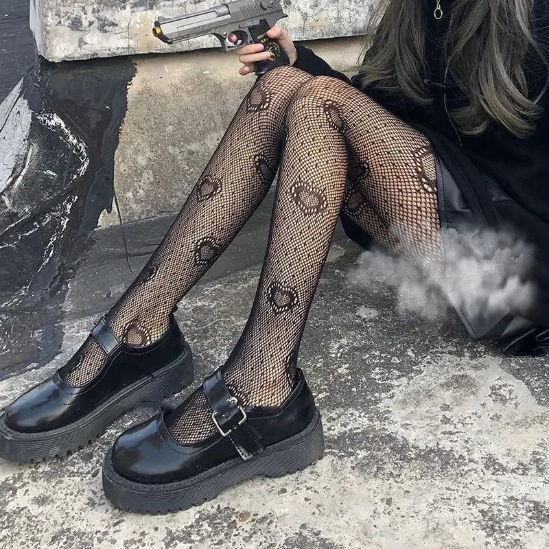 Nylon Fishnet Pantyhose with Floral Pattern Pantyhose 8 big heart / one size Nylon