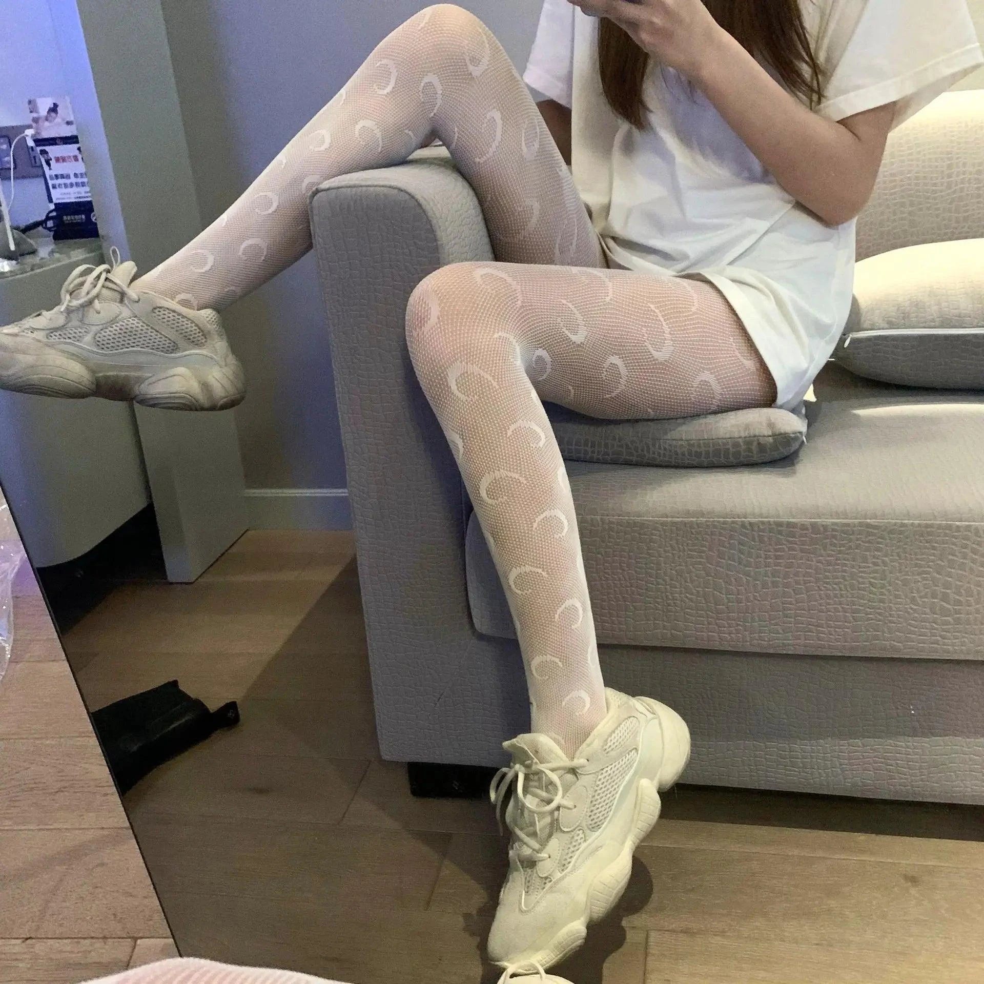 Nylon Fishnet Pantyhose with Floral Pattern Pantyhose 6 moon white / one size Nylon