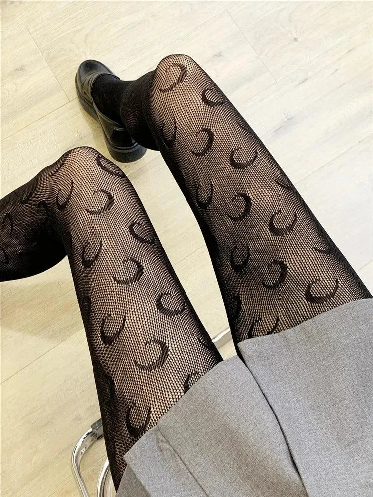 Nylon Fishnet Pantyhose with Floral Pattern Pantyhose 6 moon black / one size Nylon