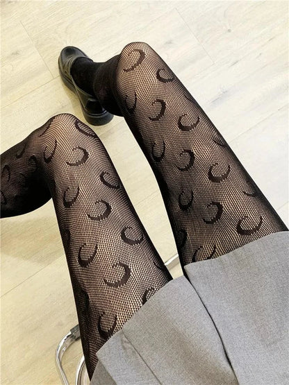 Nylon Fishnet Pantyhose with Floral Pattern Pantyhose 6 moon black / one size Nylon