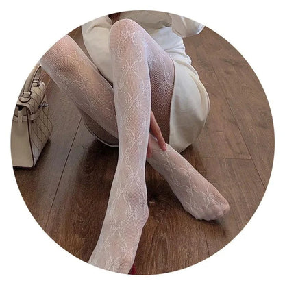 Nylon Fishnet Pantyhose with Floral Pattern Pantyhose 4 bow tie white / one size Nylon
