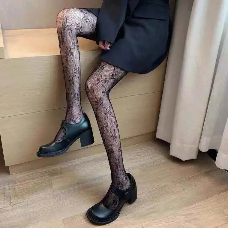 Nylon Fishnet Pantyhose with Floral Pattern Pantyhose 4 bow tie black / one size Nylon