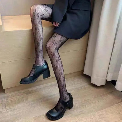 Nylon Fishnet Pantyhose with Floral Pattern Pantyhose 4 bow tie black / one size Nylon