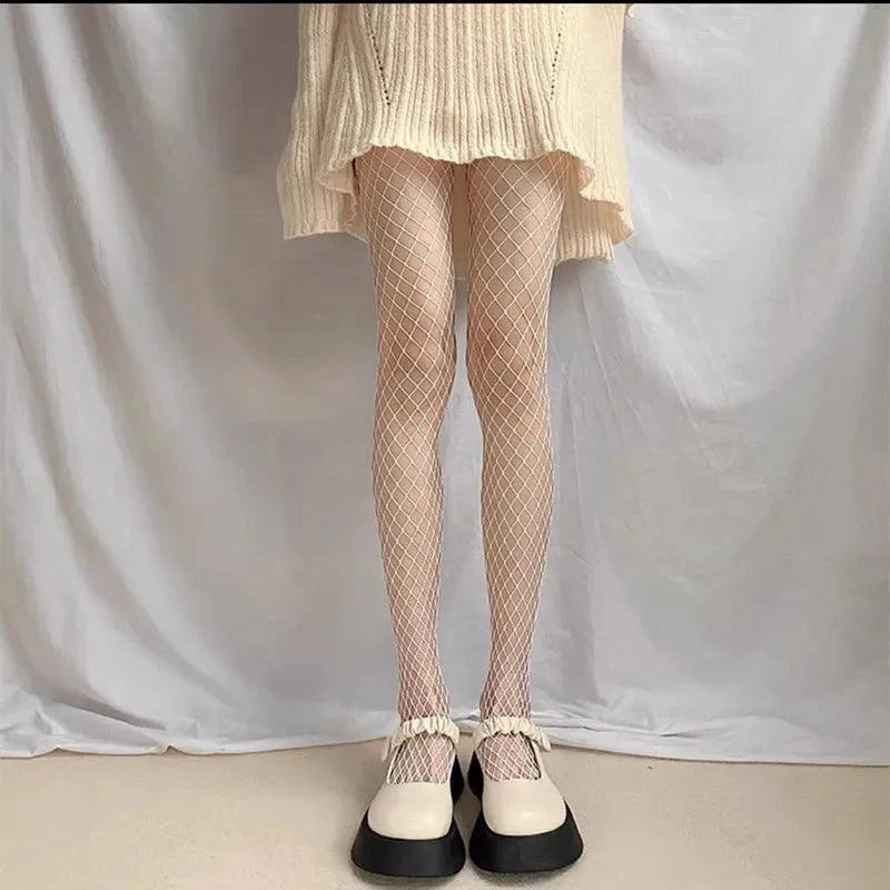 Nylon Fishnet Pantyhose with Floral Pattern Pantyhose 2 medium white / one size Nylon