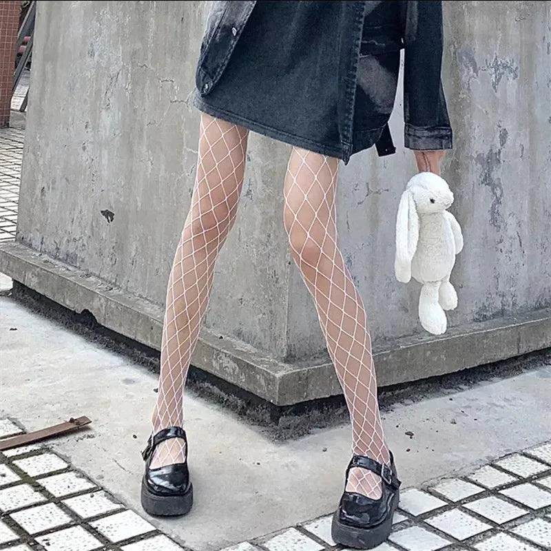 Nylon Fishnet Pantyhose with Floral Pattern Pantyhose 1 large mesh white / one size Nylon
