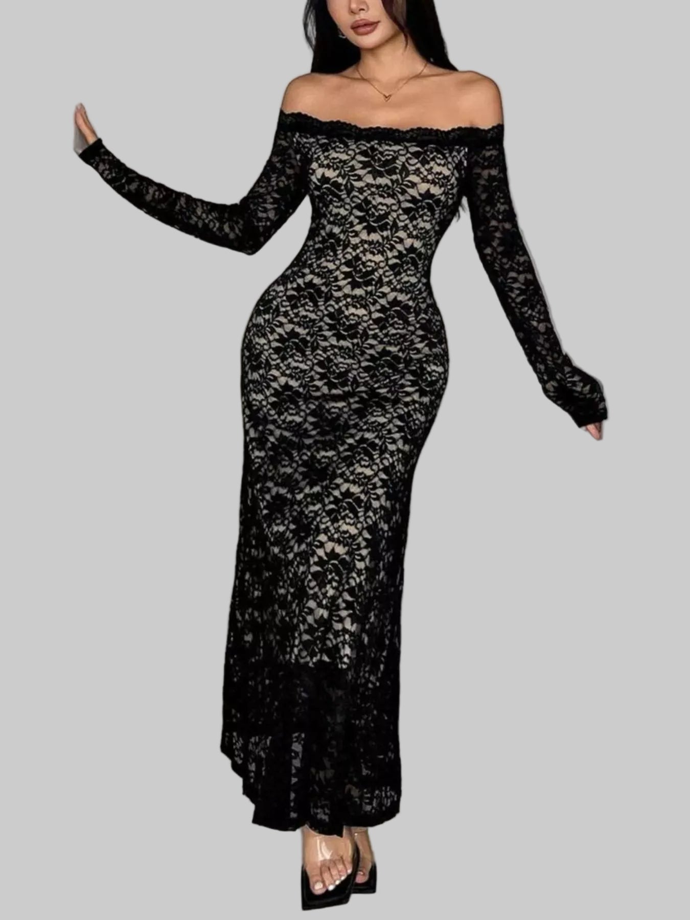 Off-Shoulder Lace Maxi Dress Black / S The Nichole Collection