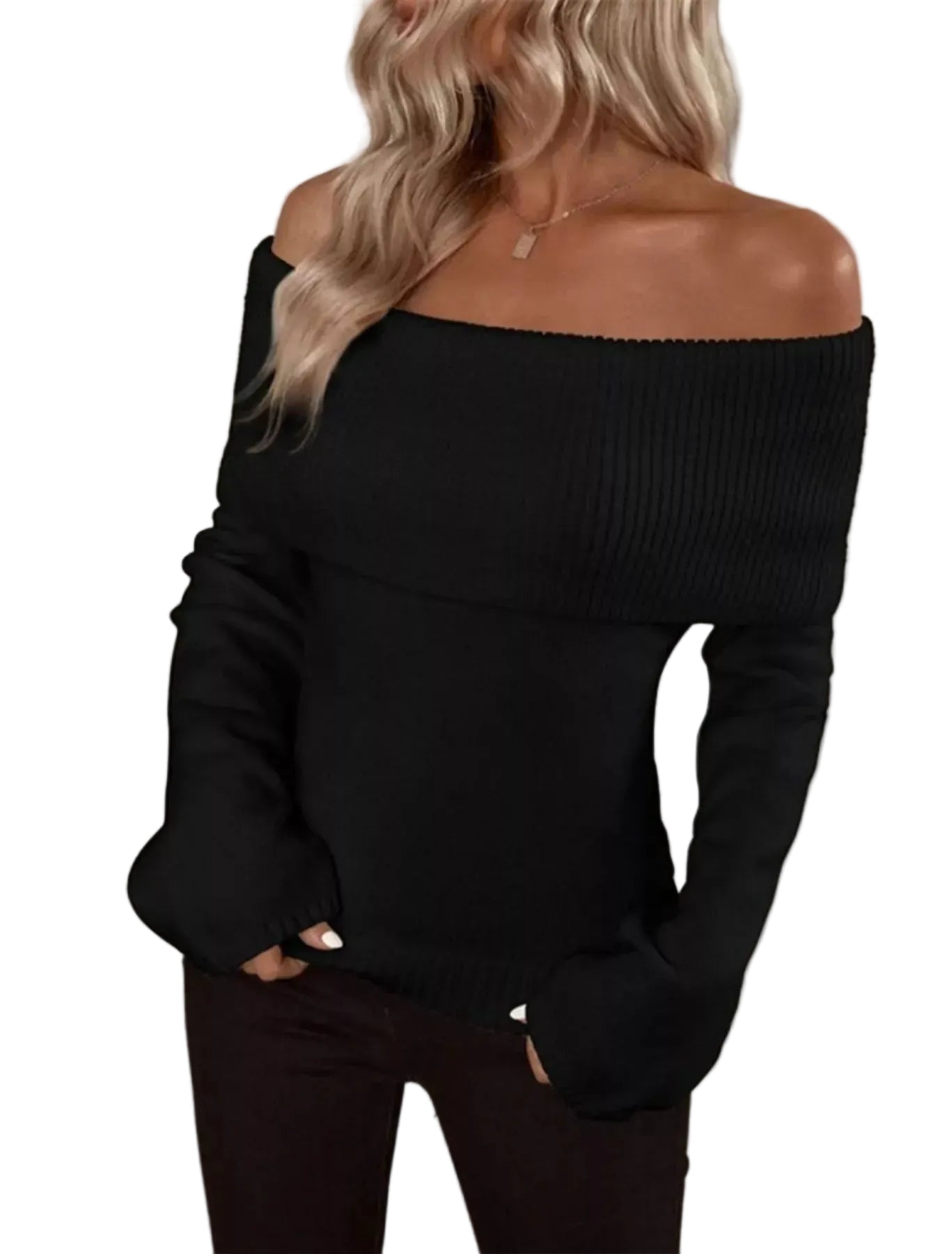 Off-Shoulder Ribbed Knit Sweater Black / S The Nichole Collection - Official Site