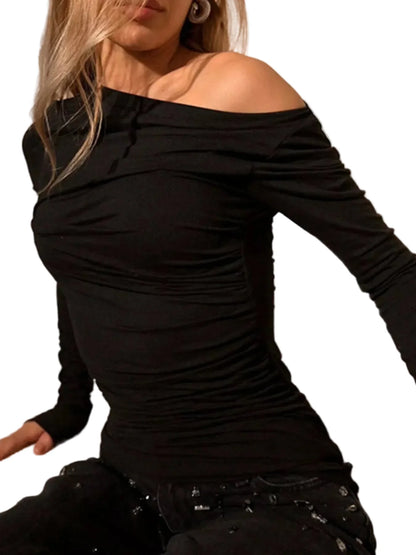 Off-Shoulder Ruched Long Sleeve T-Shirt Shirts & Tops The Nichole Collection - Official Site
