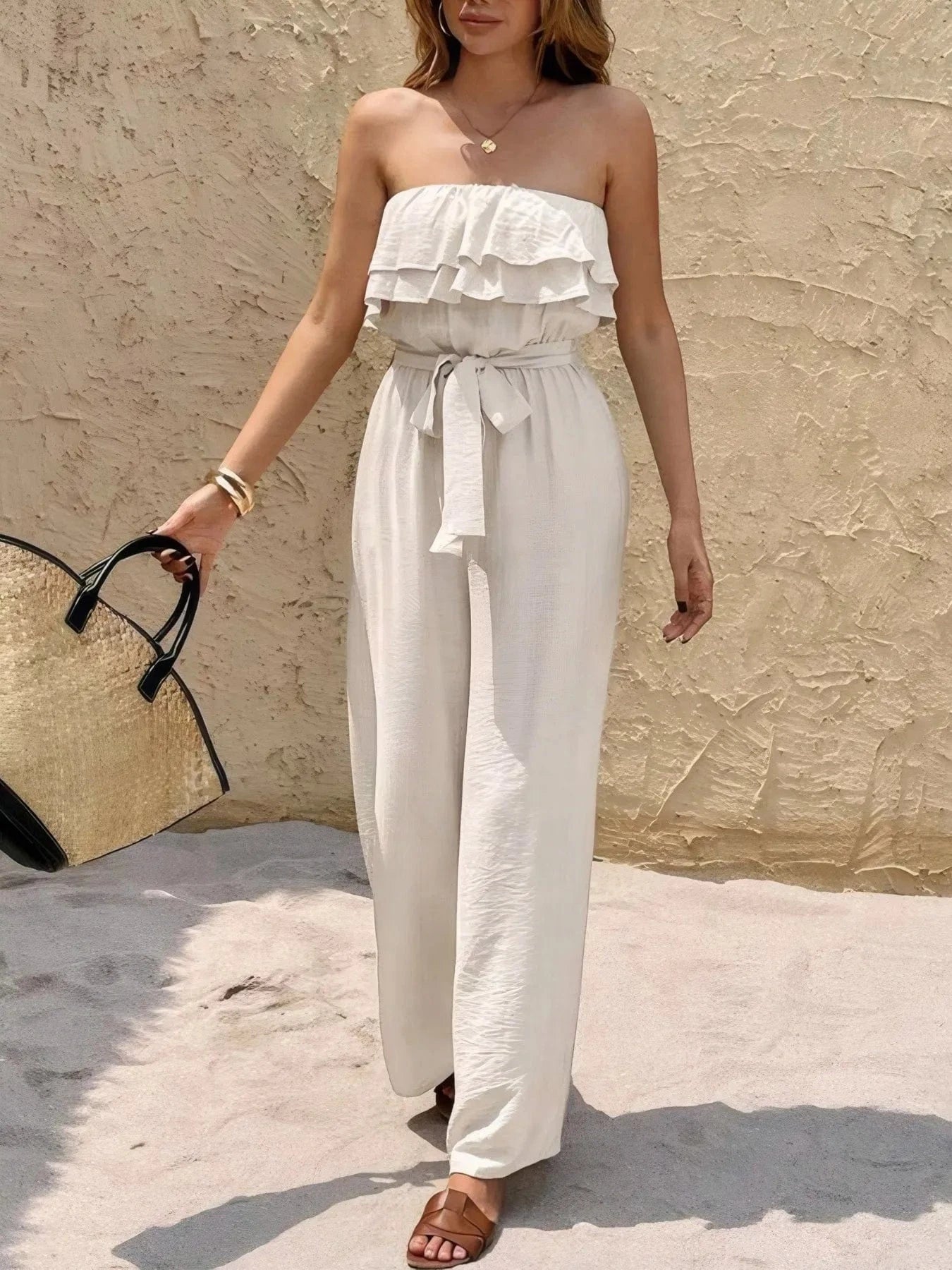 Off-Shoulder Ruffled Wide Leg Jumpsuit The Nichole Collection