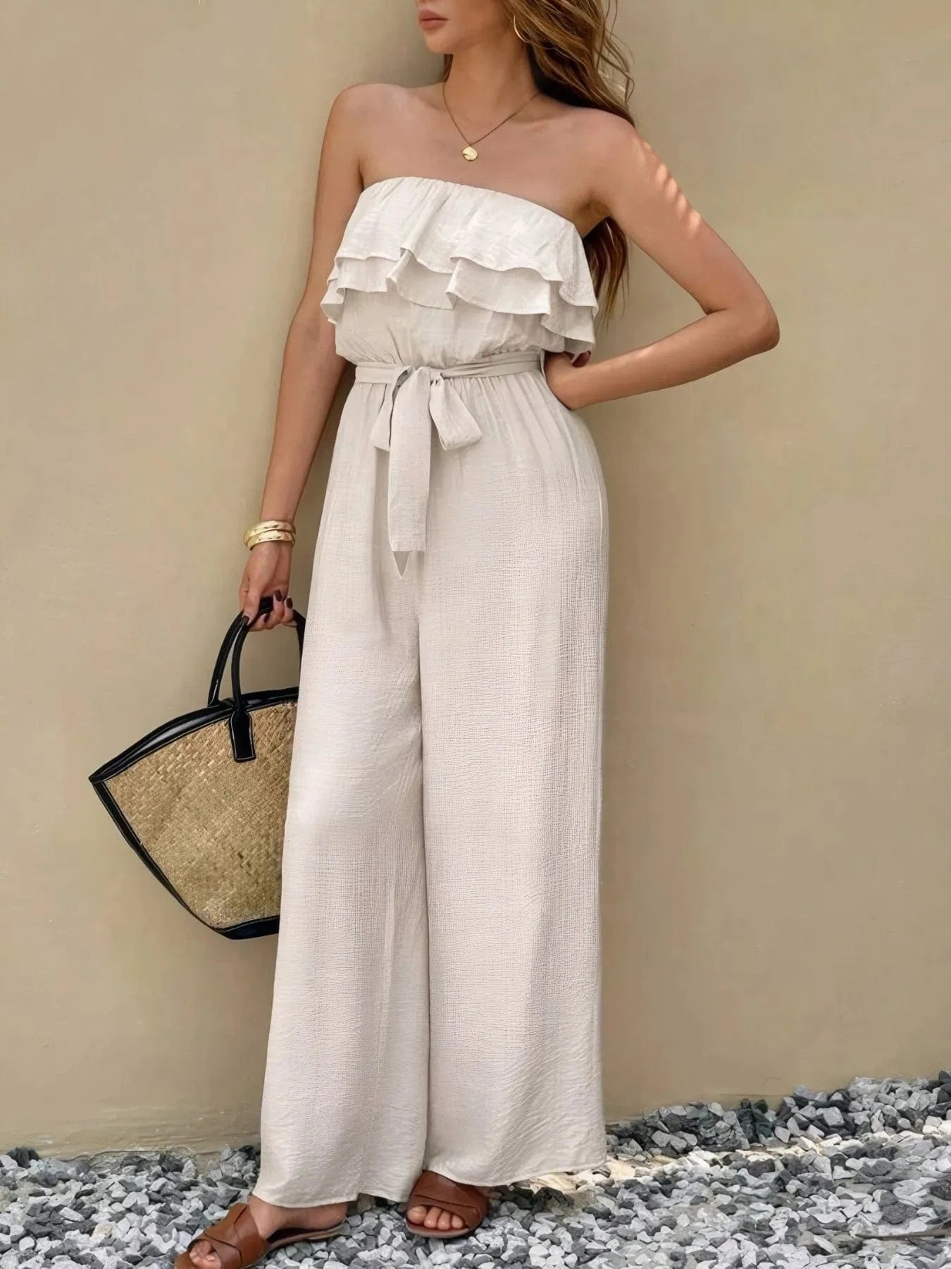 Off-Shoulder Ruffled Wide Leg Jumpsuit The Nichole Collection