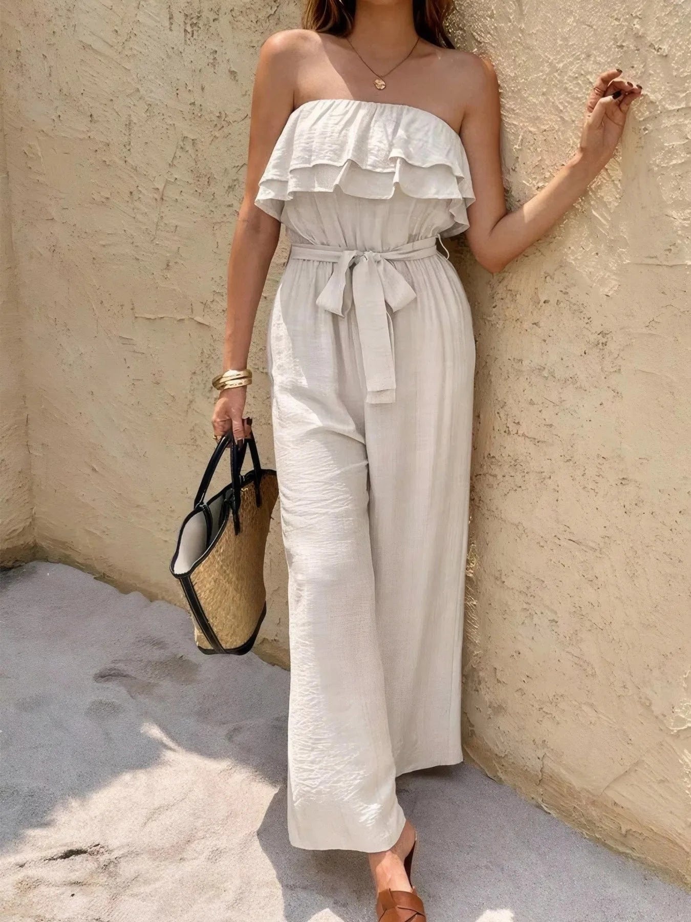 Off-Shoulder Ruffled Wide Leg Jumpsuit The Nichole Collection