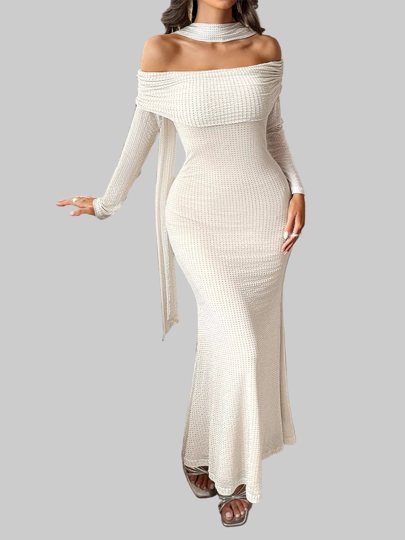 Off-Shoulder Scarf Bodycon Maxi Dress Dresses Apricot / S The Nichole Collection