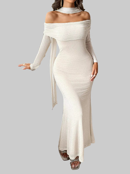 Off-Shoulder Scarf Bodycon Maxi Dress Dresses Apricot / S The Nichole Collection