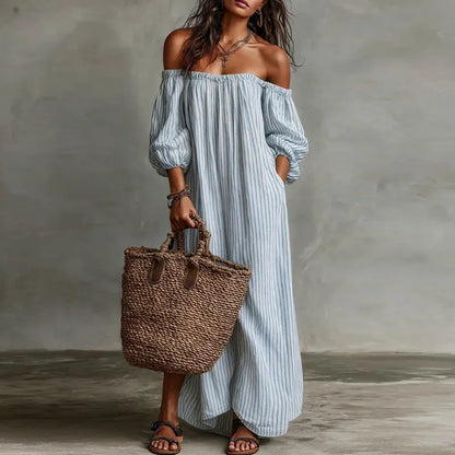 Off Shoulder Striped Boho Maxi Dress Light Blue / S Jumpsuits & Rompers The Nichole Collection