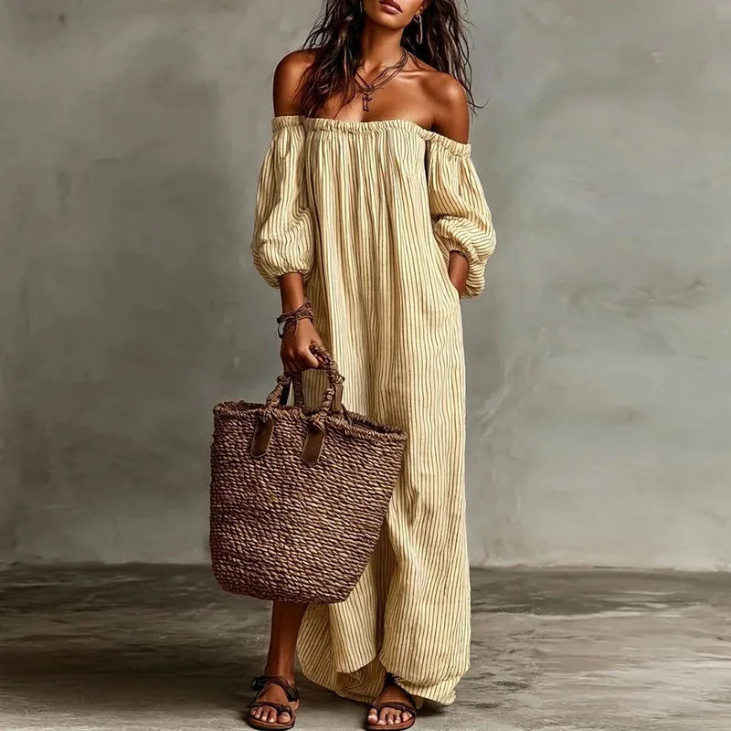 Off Shoulder Striped Boho Maxi Dress Yellow / S Jumpsuits & Rompers The Nichole Collection