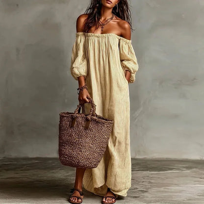 Off Shoulder Striped Boho Maxi Dress Yellow / S Jumpsuits & Rompers The Nichole Collection