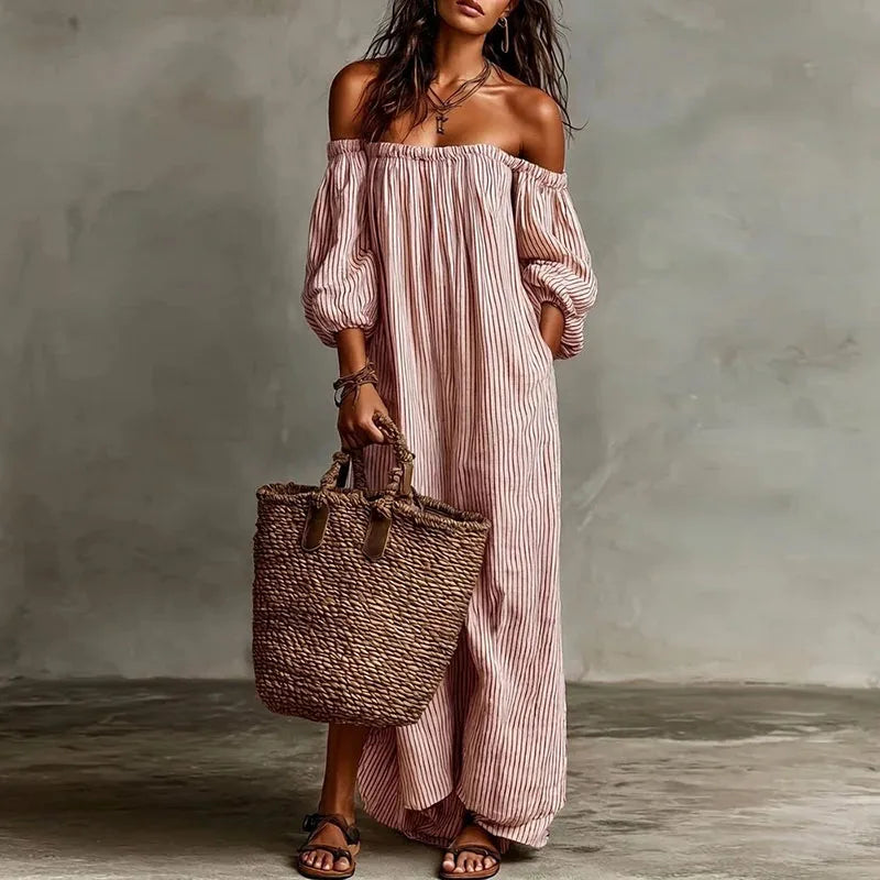 Off Shoulder Striped Boho Maxi Dress Pink / S Jumpsuits & Rompers The Nichole Collection
